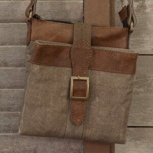 Mona B Unisex Crossbody Brown Canvas With Leather Accents